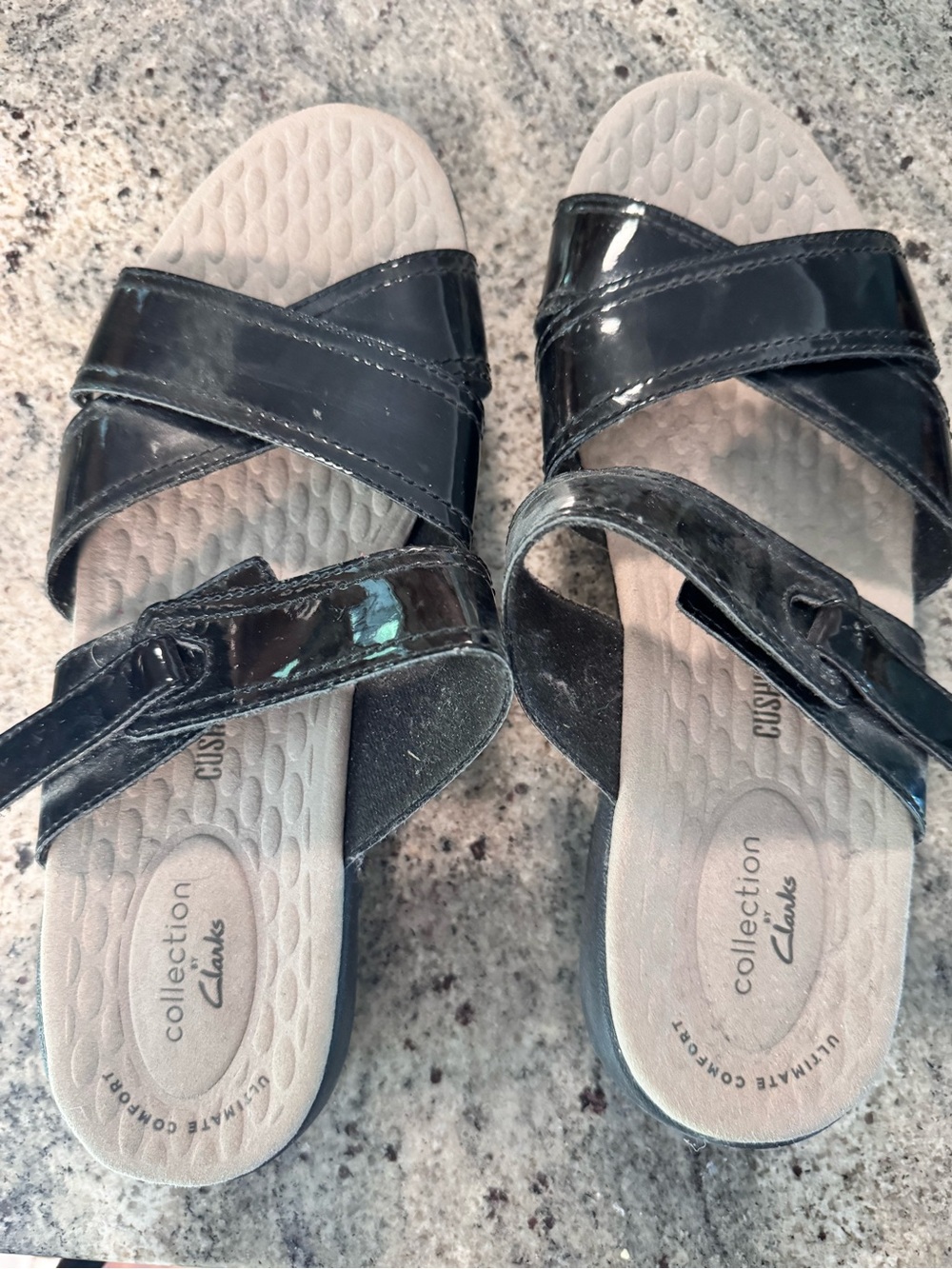 Clarks Black Patent Slide Sandals with Crisscross Straps